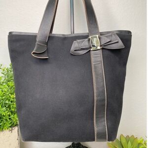 Salvatore Ferragamo Vara Ribbon Black Canvas Leather Trimmed Tote‎ Handbag Purse